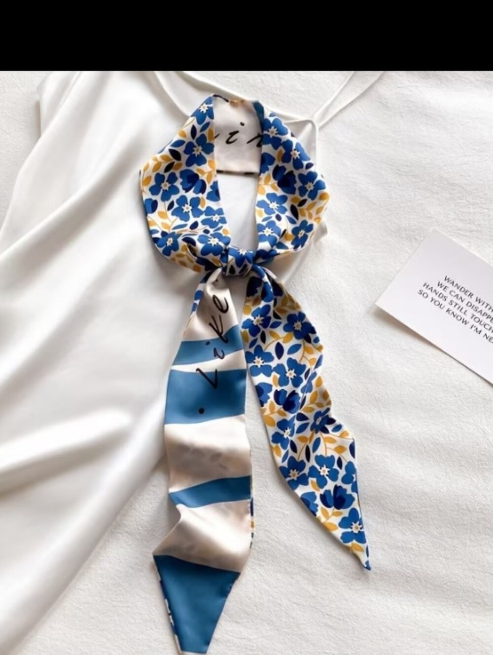 Blue Floral & Stripe Twilly Scarf - Silk Feel Scarf